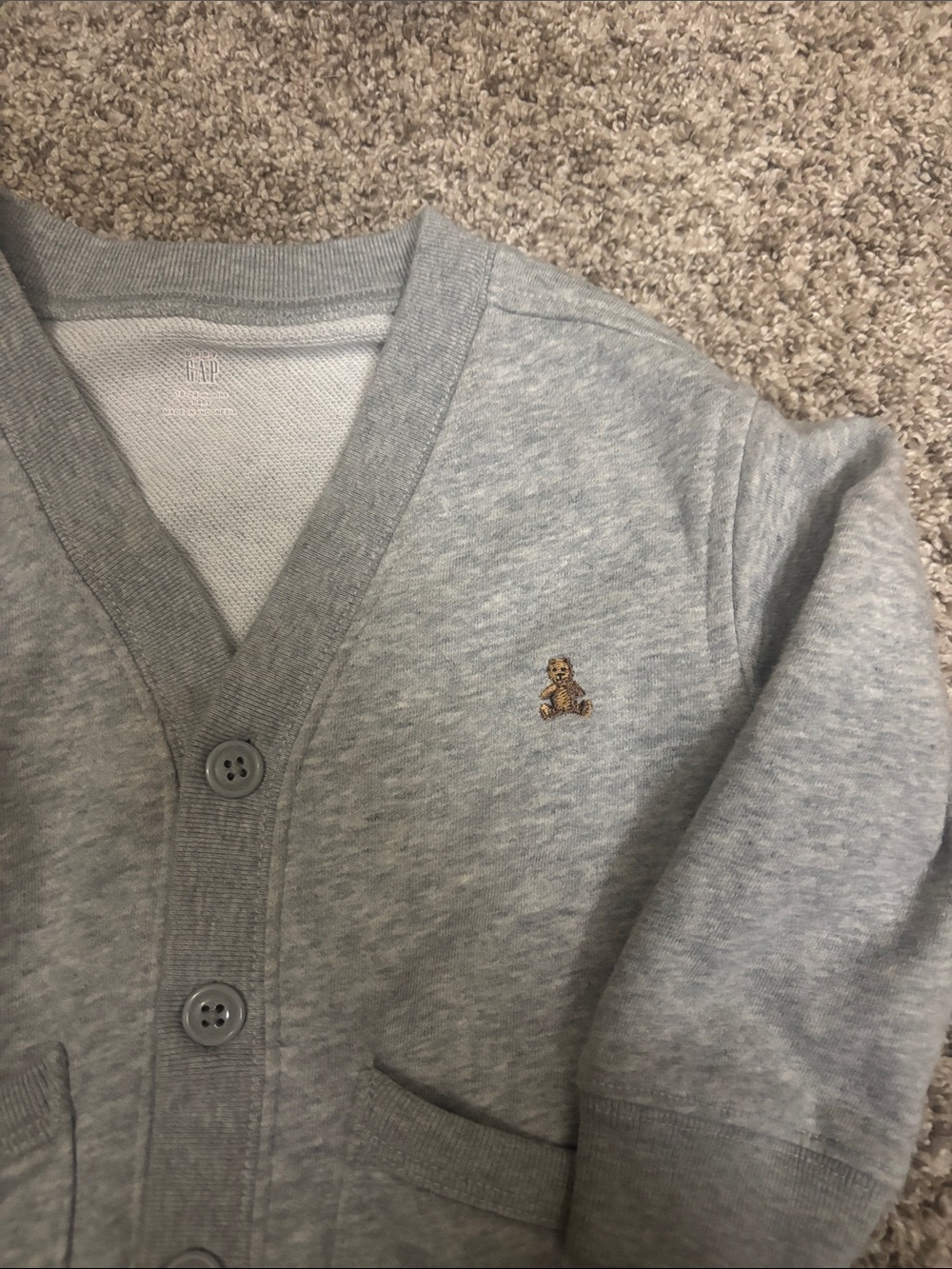 GAP Light Gray Toddler Button Cardigan with Bear Patch - Picture 3 of 4